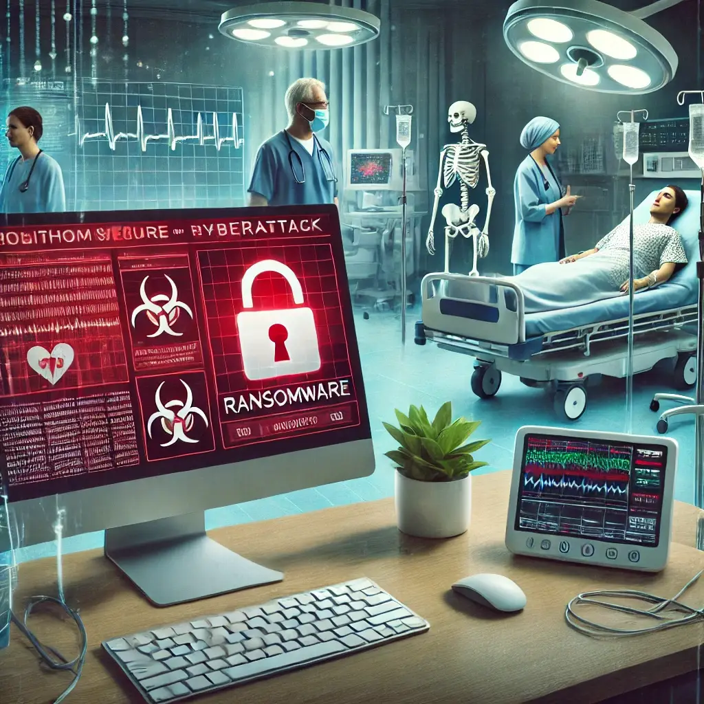 A healthcare setting illustrating cybersecurity risks, featuring a computer screen displaying a red ransomware warning, a patient monitoring device with glitching data, and a hospital room with worried staff in the background. The scene highlights digital security threats with visual elements like a broken digital lock icon and a tense atmosphere.